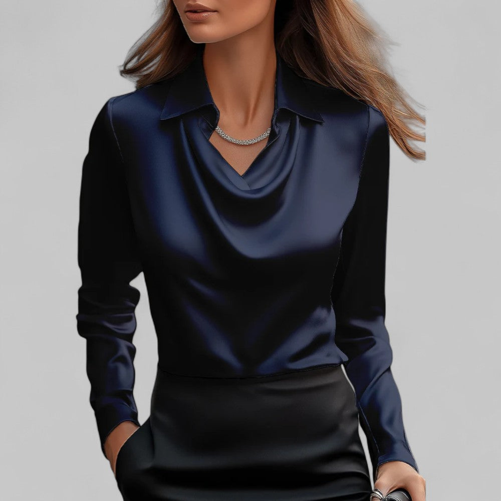Women’s Elegant Blouse with Waterfall Neckline and Long Sleeves Navy Blue