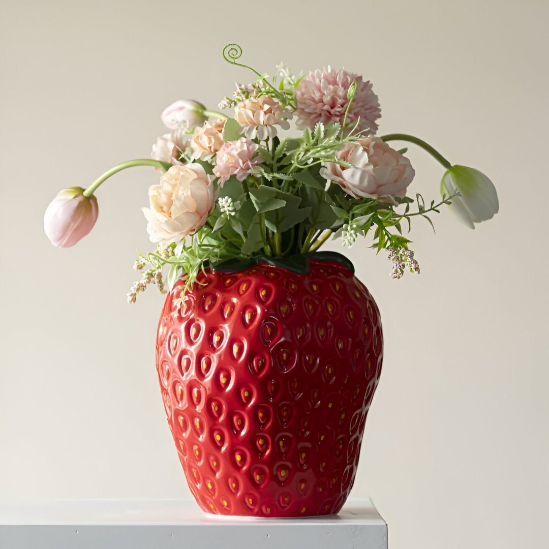 Designer Strawberry Ceramic Vase | Unique Tabletop Decor Red