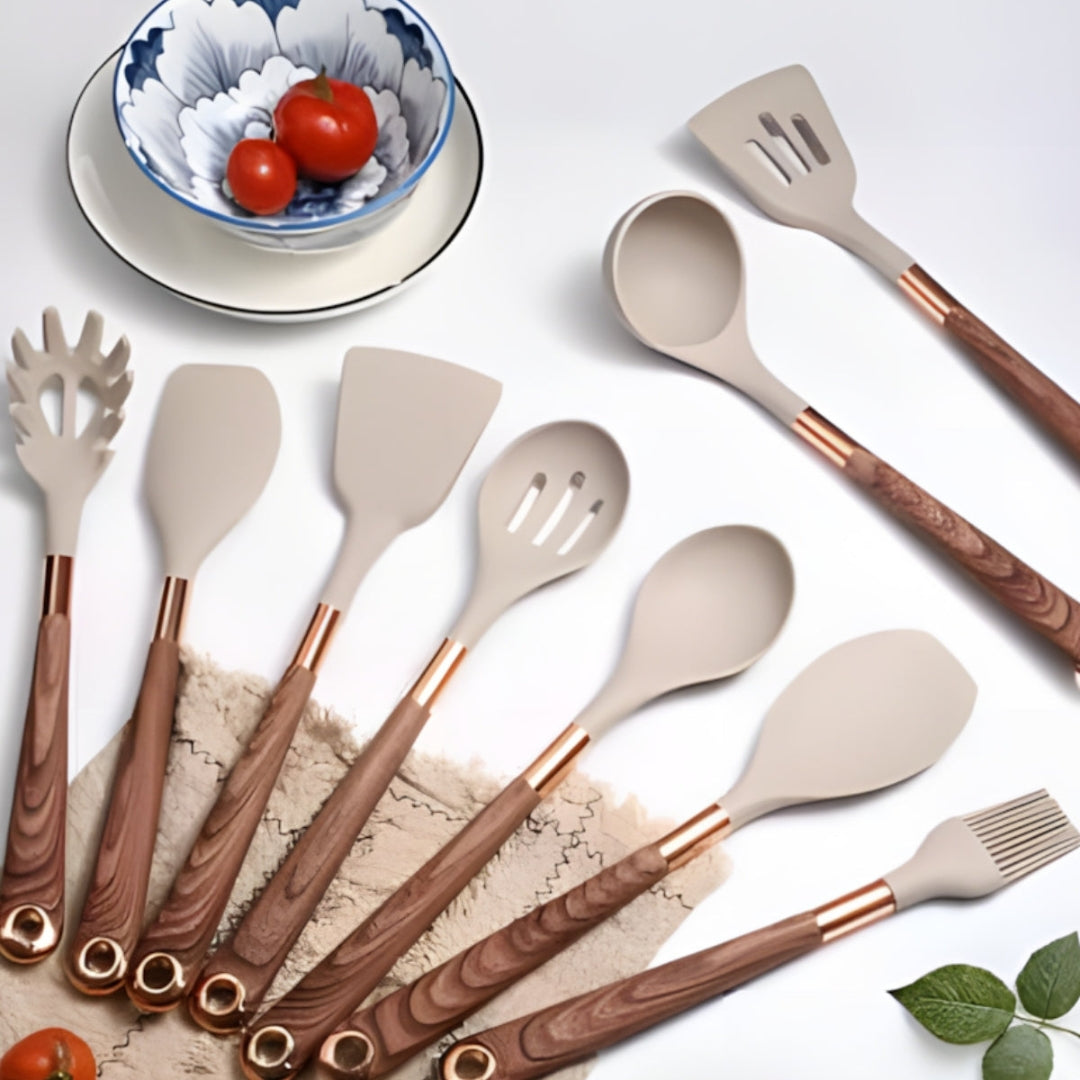 Modern Kitchen Utensil Set with Gold Accent Handles Home Gray