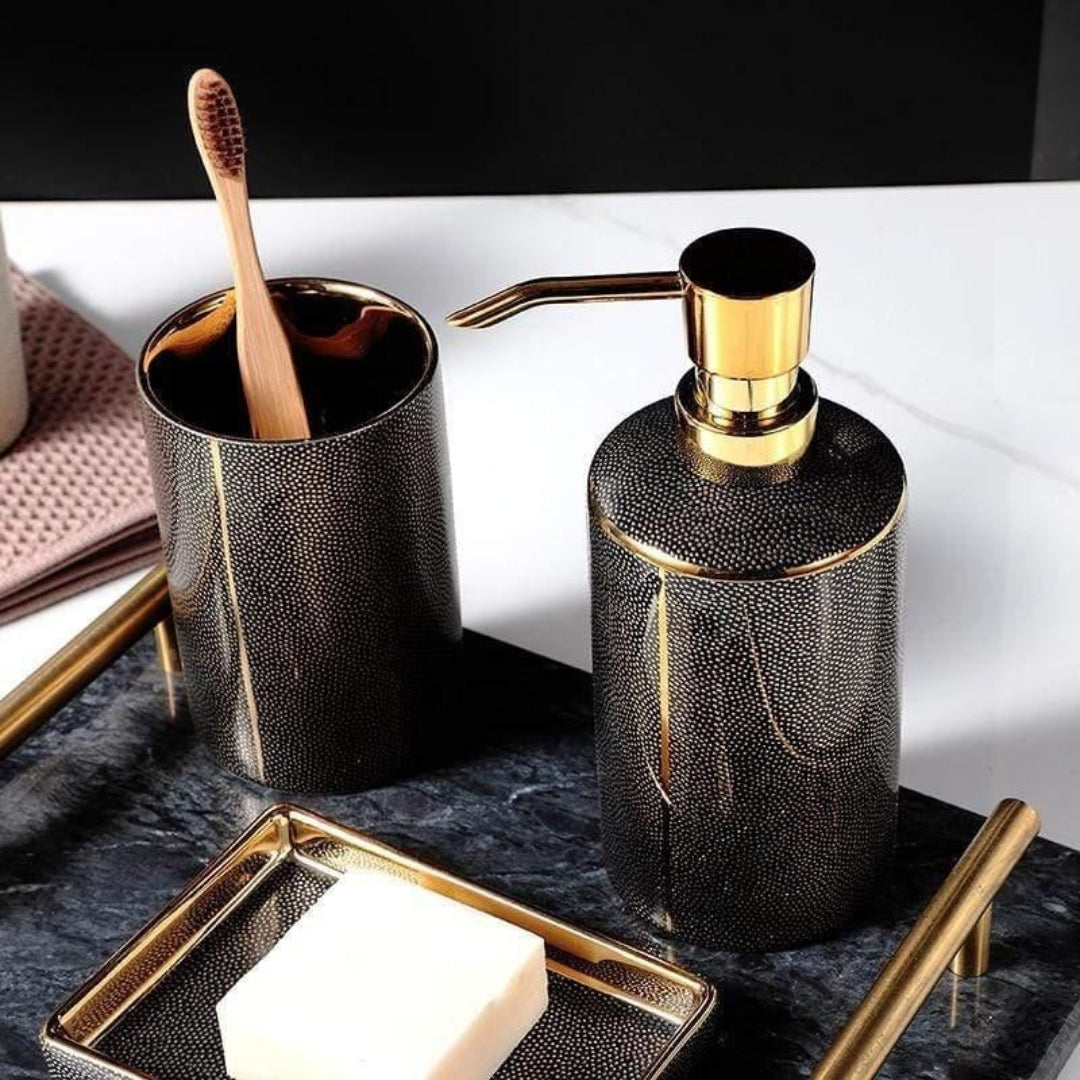Luxe Ceramic Bathroom Set | Golden Accent Accessories Kit