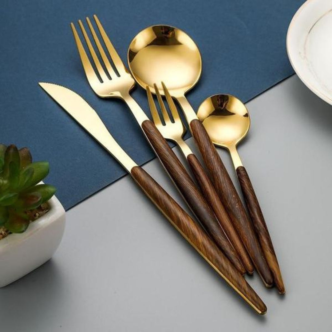 Wooden Handle Cutlery Set | Elegant Stainless Flatware Table