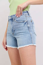 Women’s Plus Size Tummy Control Raw Hemmed Denim Shorts Blue