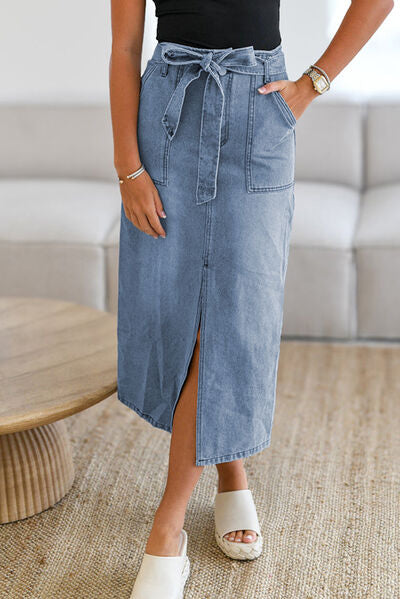 Women’s Knotted Denim Skirt with Slit Blue