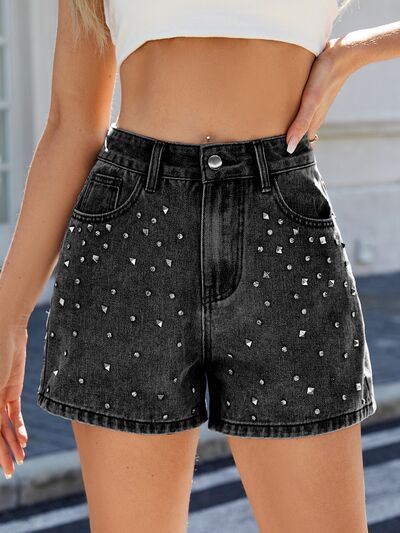Women’s High Waist Denim Shorts with Rhinestones Black