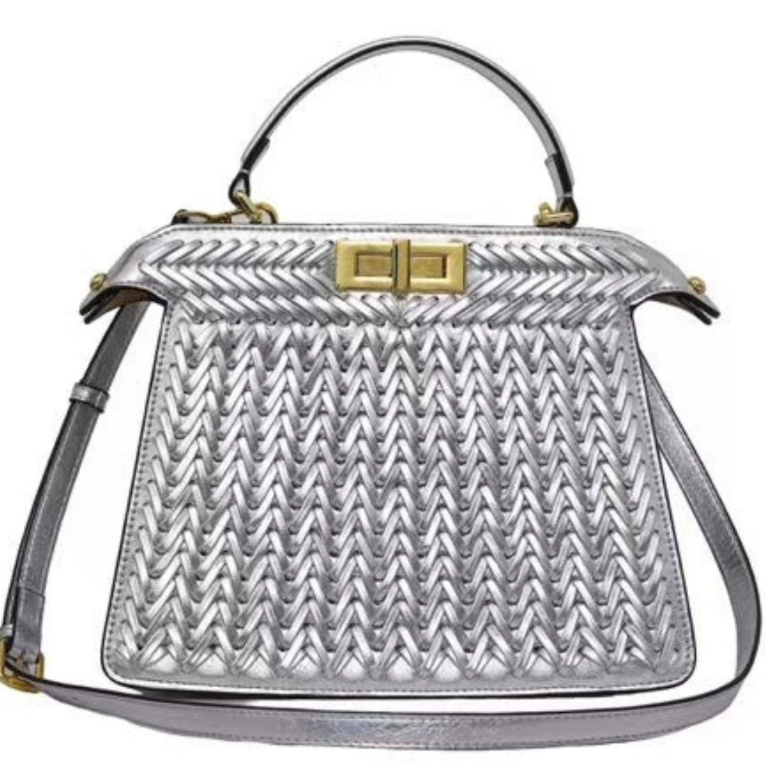 Alia | Women’s Woven Leather Handbag | With Crossbody Strap Silver
