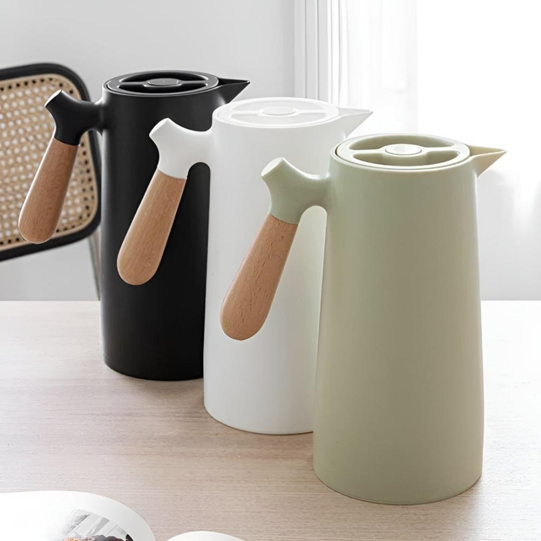 Modern Vacuum Carafe with Contoured Wooden Handle Finish