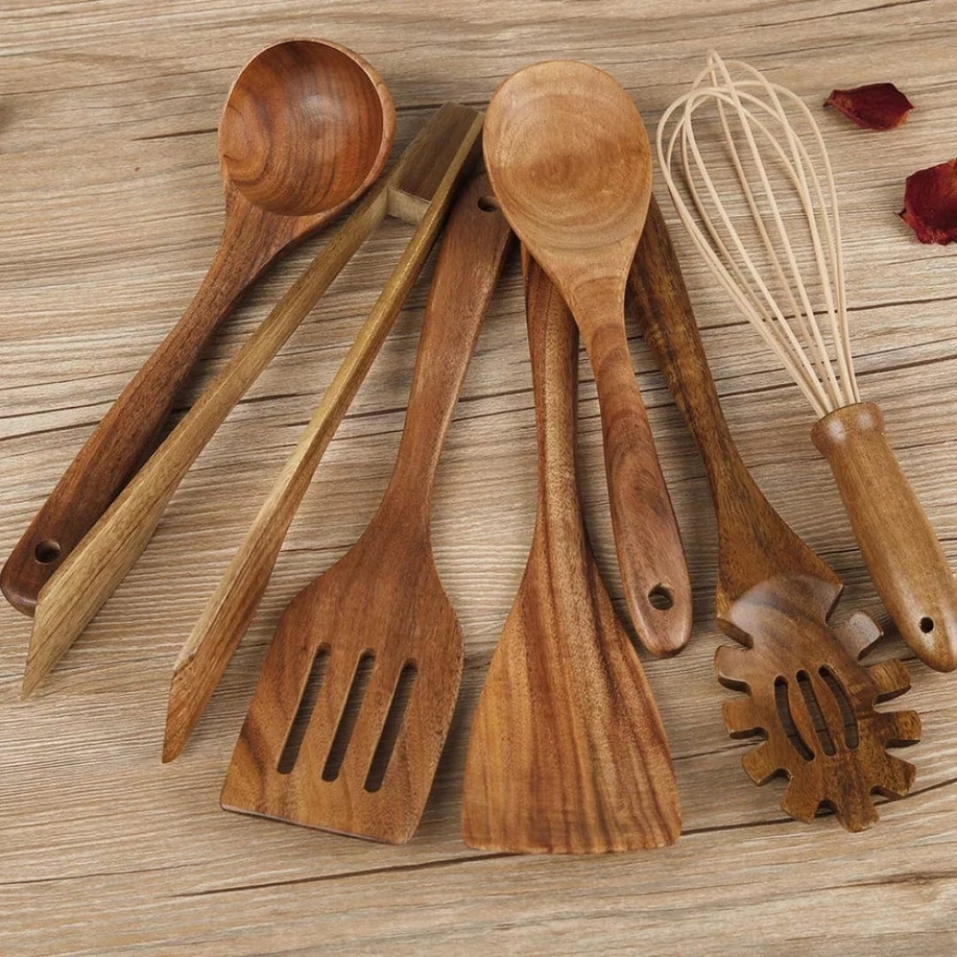 Minimal Wooden Kitchen Utensil Set 7 Piece Home Cooking Brown