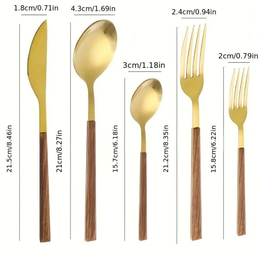 Elegant Cutlery Set with Wood-Inspired Handles for Dining