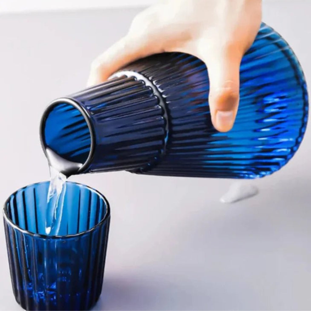 Elegant Pleated Glass Carafe with Tumbler | Table Set Serve Blue
