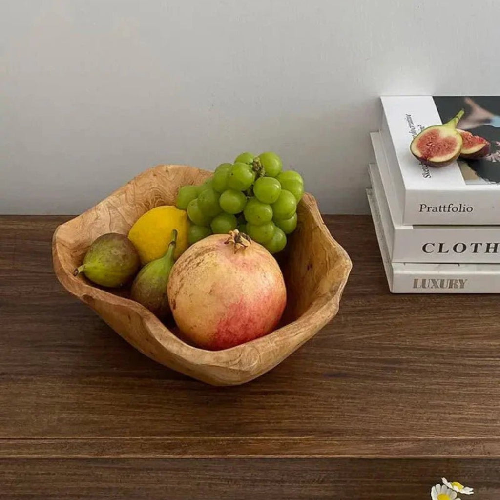 Rustic Carved Wood Fruit Bowl for Home Table Styling Decor