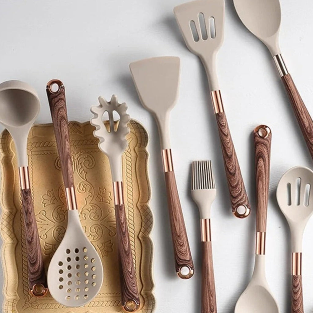 Modern Kitchen Utensil Set with Gold Accent Handles Home