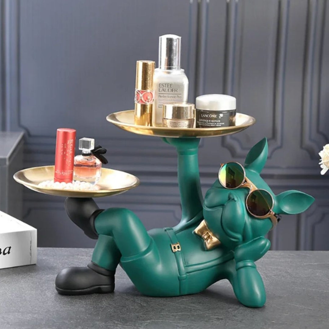 French Bulldog Statue | Playful Designer Home Sculpture Green Lying