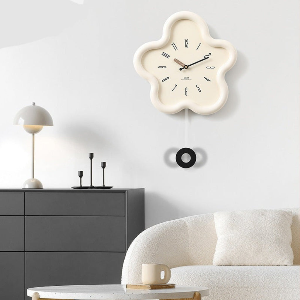Decorative 3D Floral Pendulum Wall Clock for Quiet Spaces Off-White