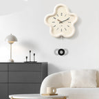 Decorative 3D Floral Pendulum Wall Clock for Quiet Spaces Off-White