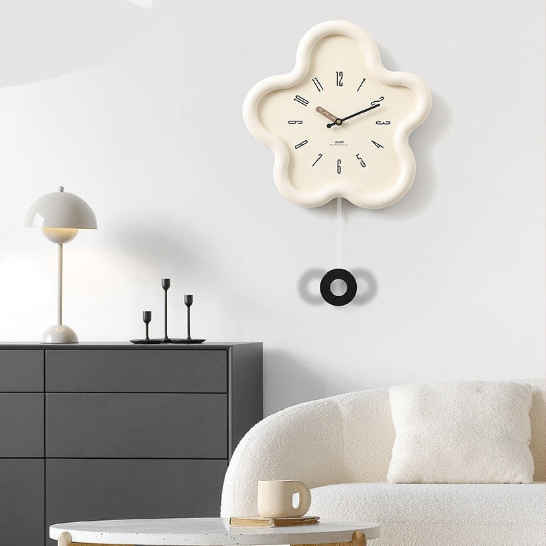 Decorative 3D Floral Pendulum Wall Clock for Quiet Spaces Off-White