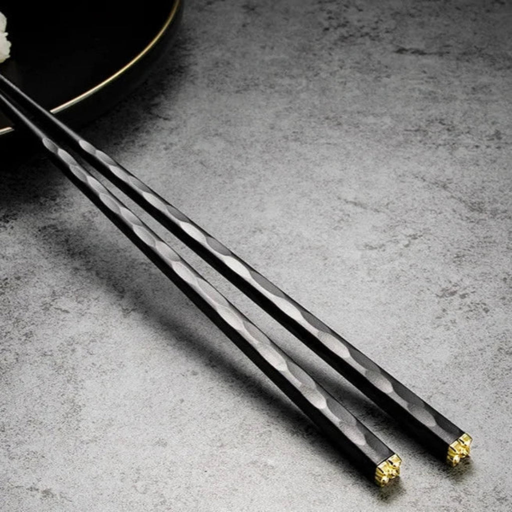 Luxe Metal Chopsticks Set of 5 | Modern Black Gold Design
