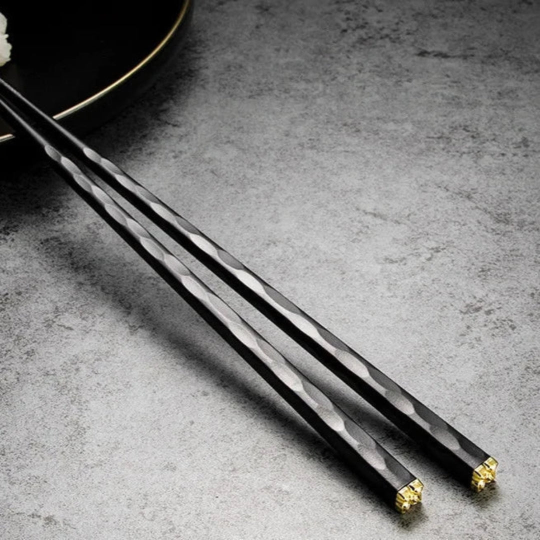 Luxe Metal Chopsticks Set of 5 | Modern Black Gold Design