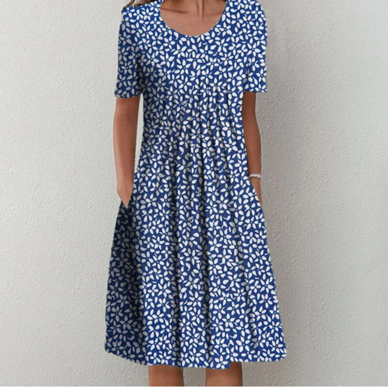Women’s Casual Midi Dress with Floral Print and Pockets Blue Floral Print
