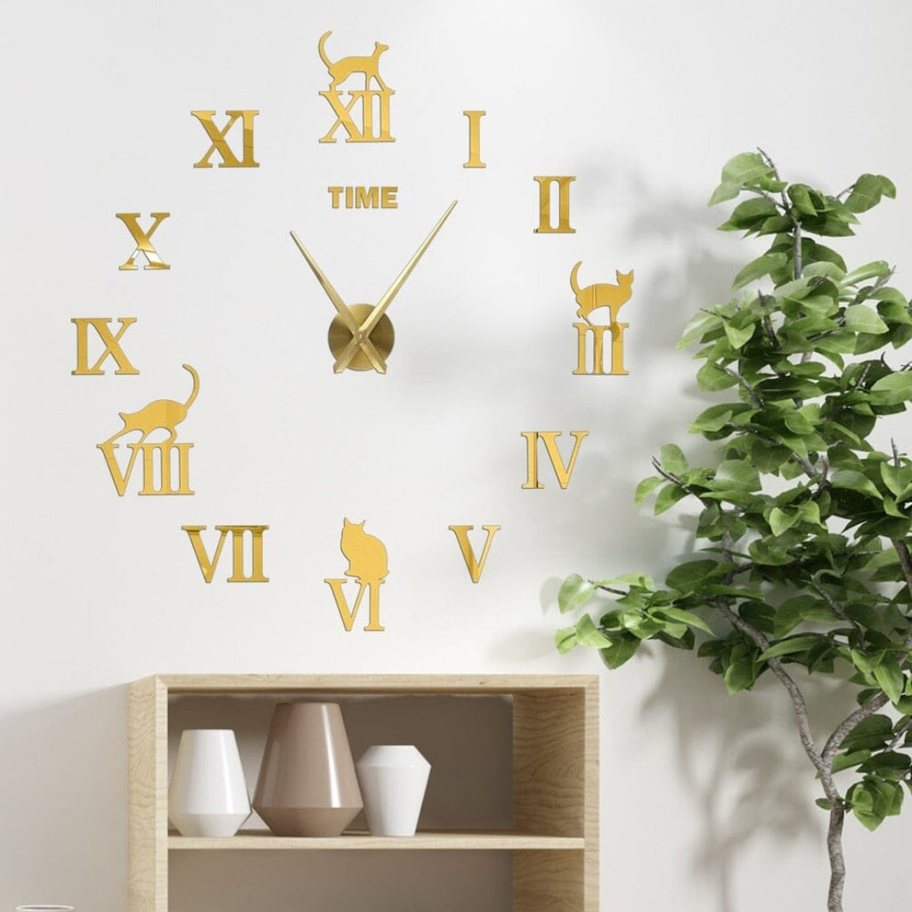 Elegant 3D Cat Wall Clock as a Stylish Interior Accent Gold