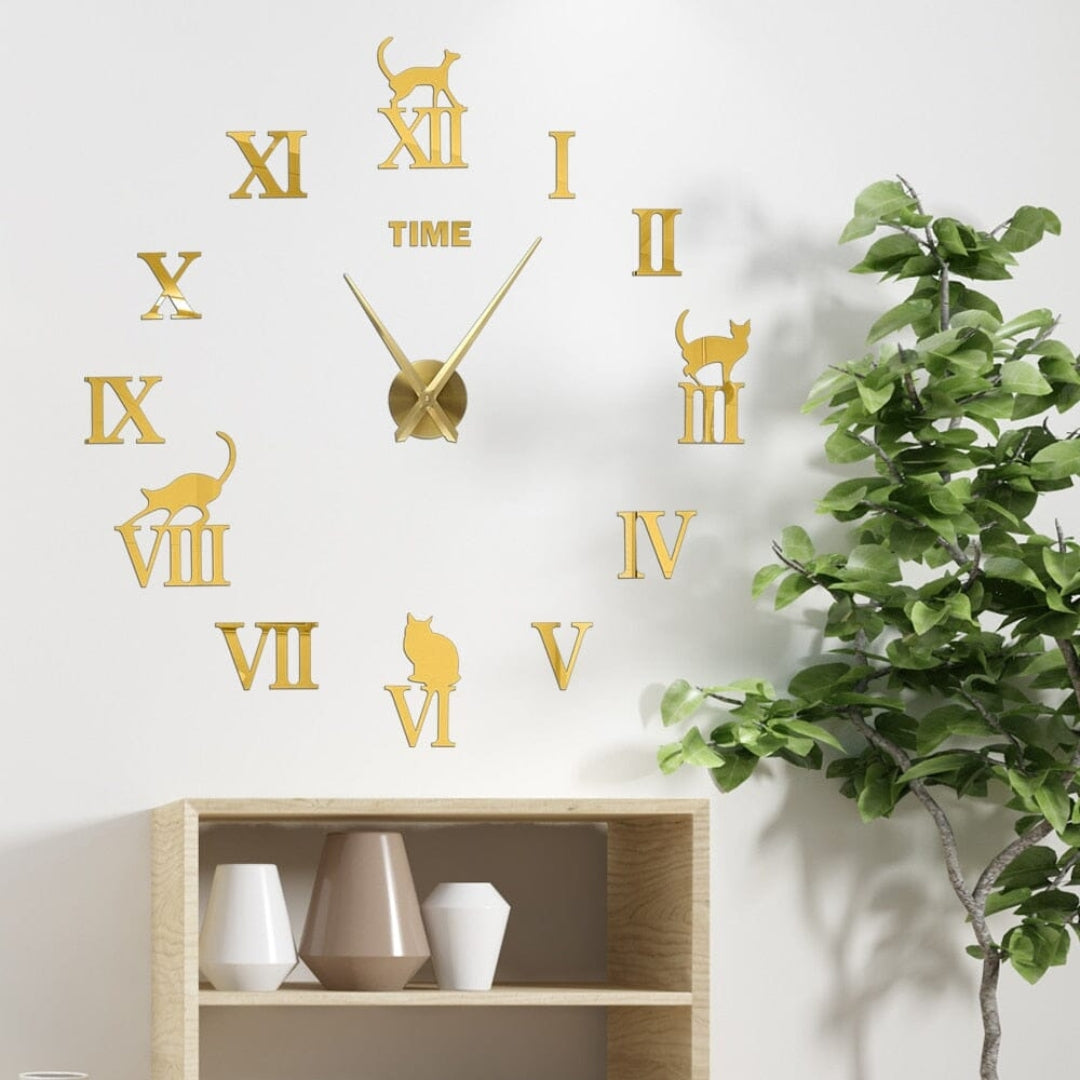 Elegant 3D Cat Wall Clock as a Stylish Interior Accent Gold