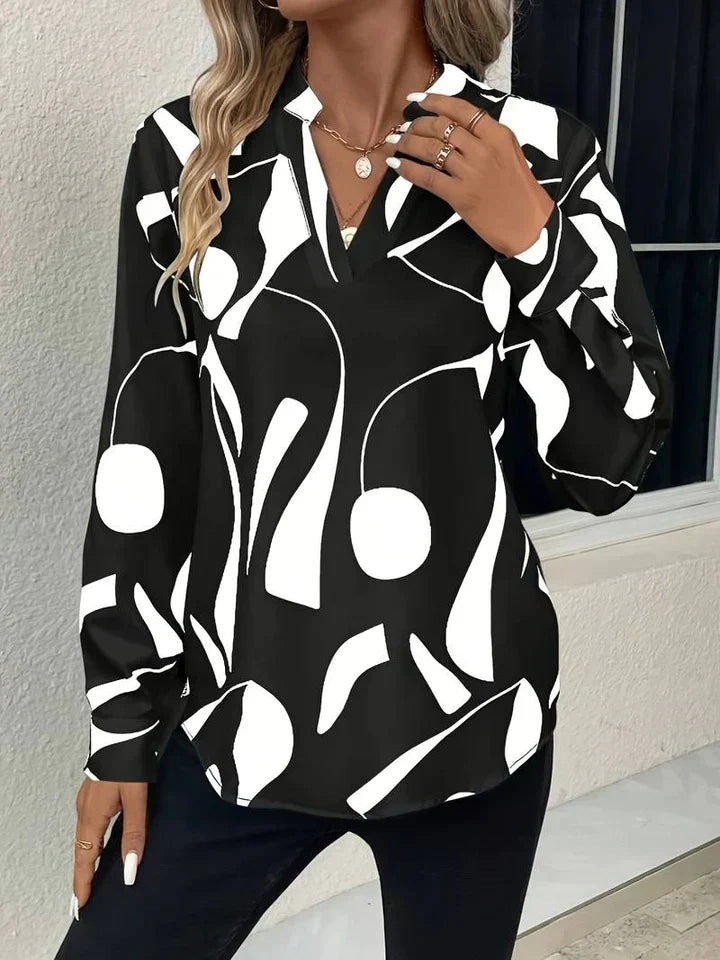 Women’s Abstract Print Long Sleeve Blouse Black