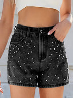 Women’s High Waist Denim Shorts with Rhinestones