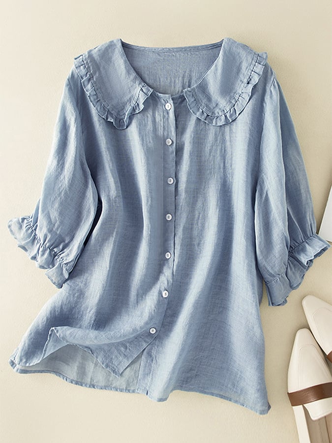 Women’s Playful Loose Ruffled Neck Shirt Blue