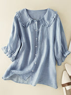 Women’s Playful Loose Ruffled Neck Shirt Blue