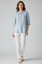 Women’s Elegant Casual Blouse with Ruffle Collar and Buttons Blue
