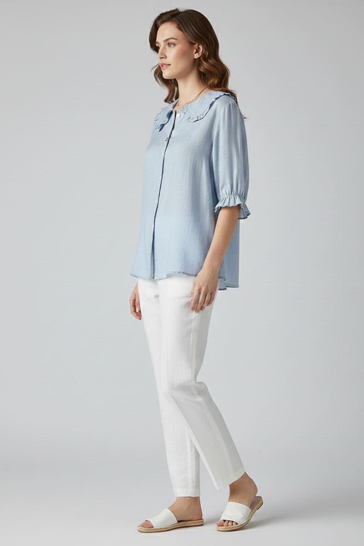 Women’s Elegant Casual Blouse with Ruffle Collar and Buttons