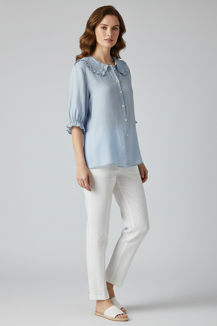 Women’s Elegant Casual Blouse with Ruffle Collar and Buttons
