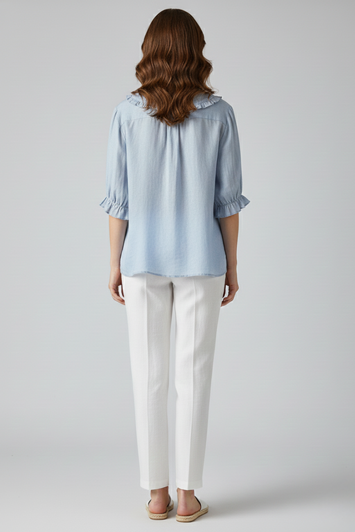 Women’s Elegant Casual Blouse with Ruffle Collar and Buttons