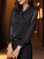 Women’s Elegant Long Sleeve Ruffle Blouse – Effortless Summer Style Black