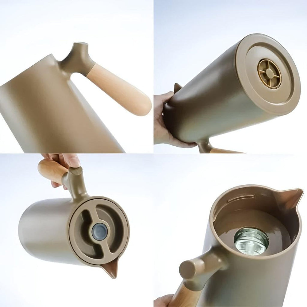 Modern Vacuum Carafe with Contoured Wooden Handle Finish
