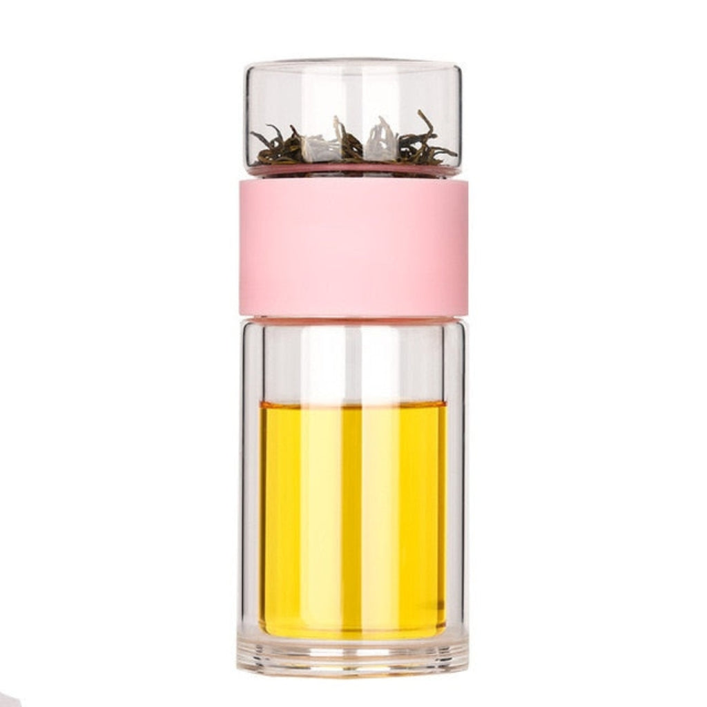 Portable Glass Tea Infuser Bottle 230ml Double Walled Use Pink