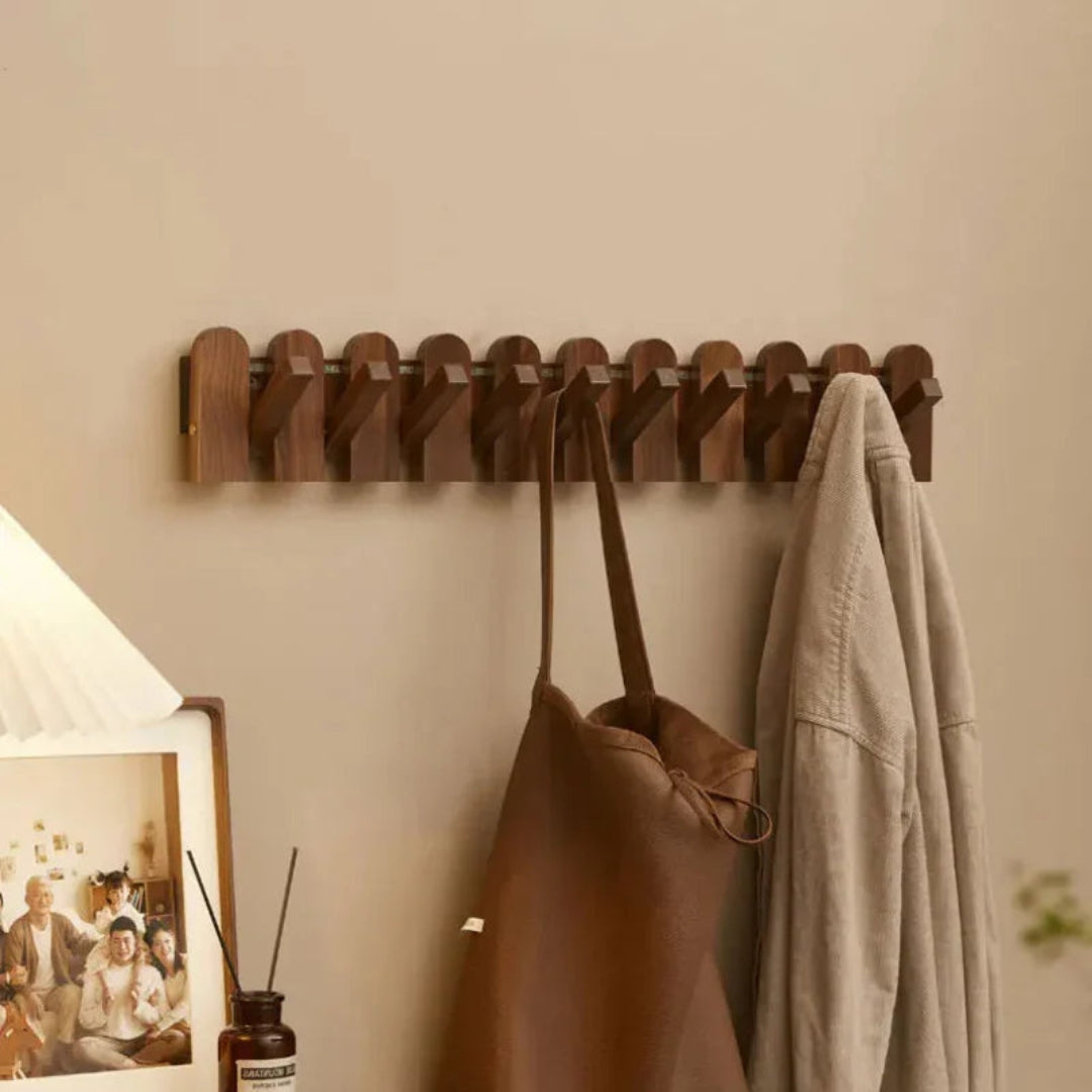 Walnut Wooden Wall Coat Rack | Minimalist Foldable Hooks