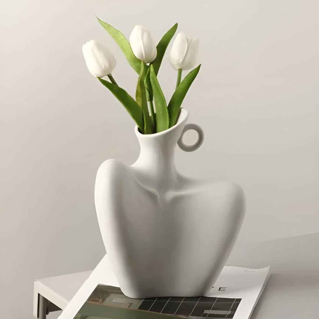 Minimalist Ceramic Flower Vase | Abstract Home Accent Decor Off-White 18.5x10x21cm