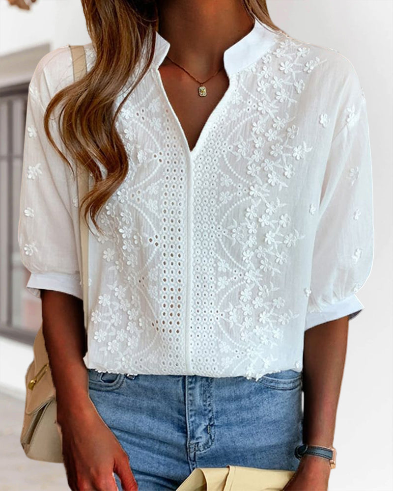 Women’s Elegant V Neck Puff Sleeve Blouse for Summer