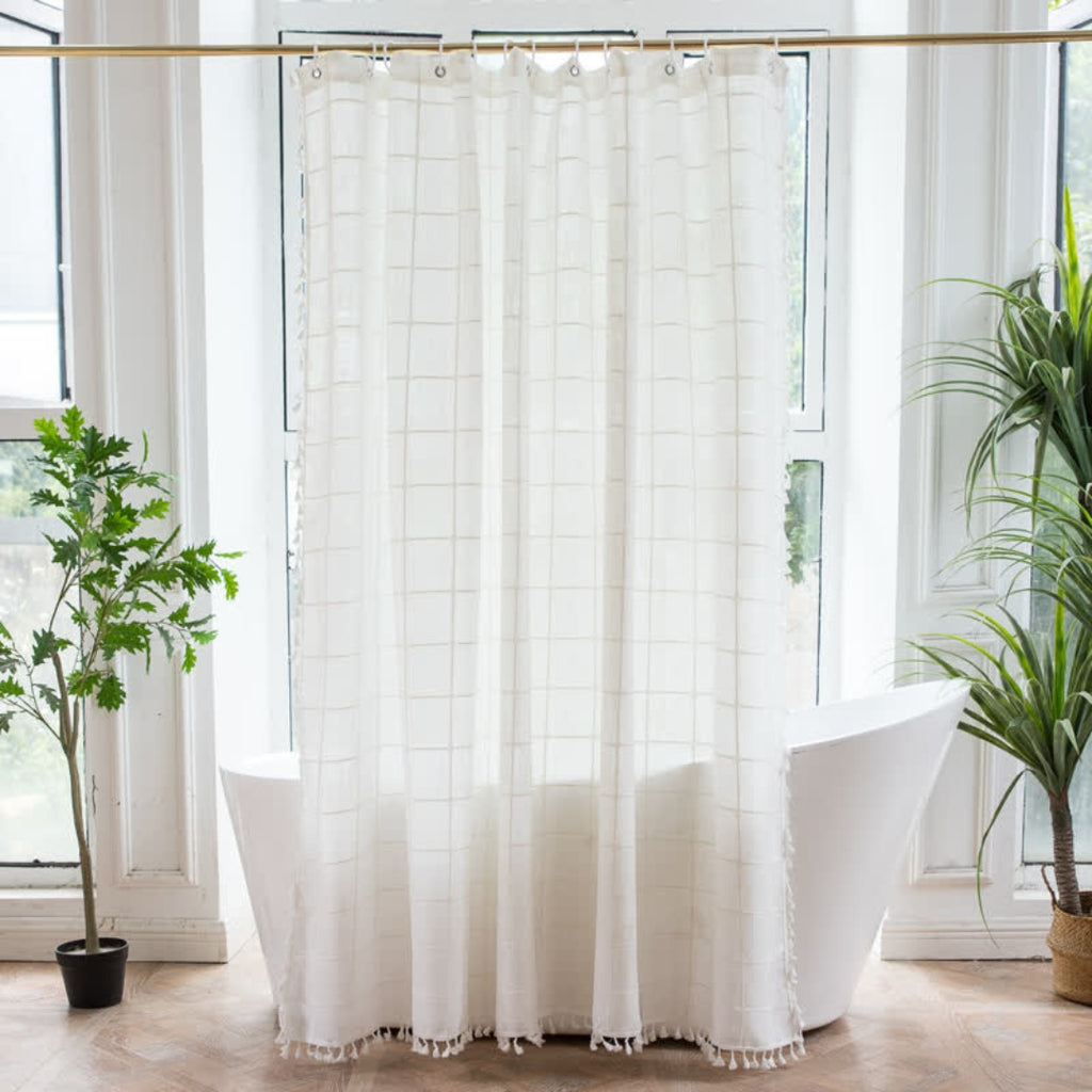 Classic Plaid Shower Curtain Refined Vintage Bathroom Style White