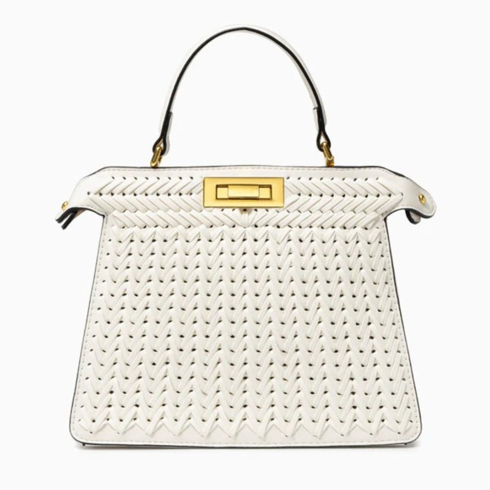 Alia | Women’s Woven Leather Handbag | With Crossbody Strap White