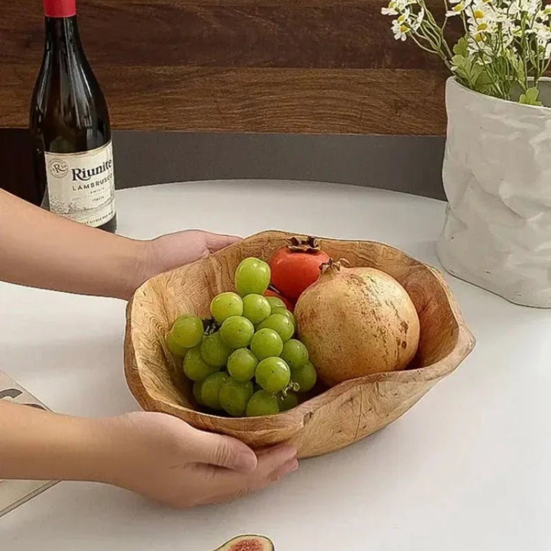 Rustic Carved Wood Fruit Bowl for Home Table Styling Decor