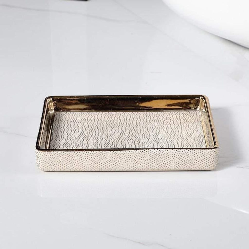 Luxe Ceramic Bathroom Set | Golden Accent Accessories Kit White soap dish