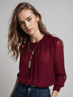 Women’s Elegant Long Sleeve Ruffle Blouse – Effortless Summer Style Dark Red