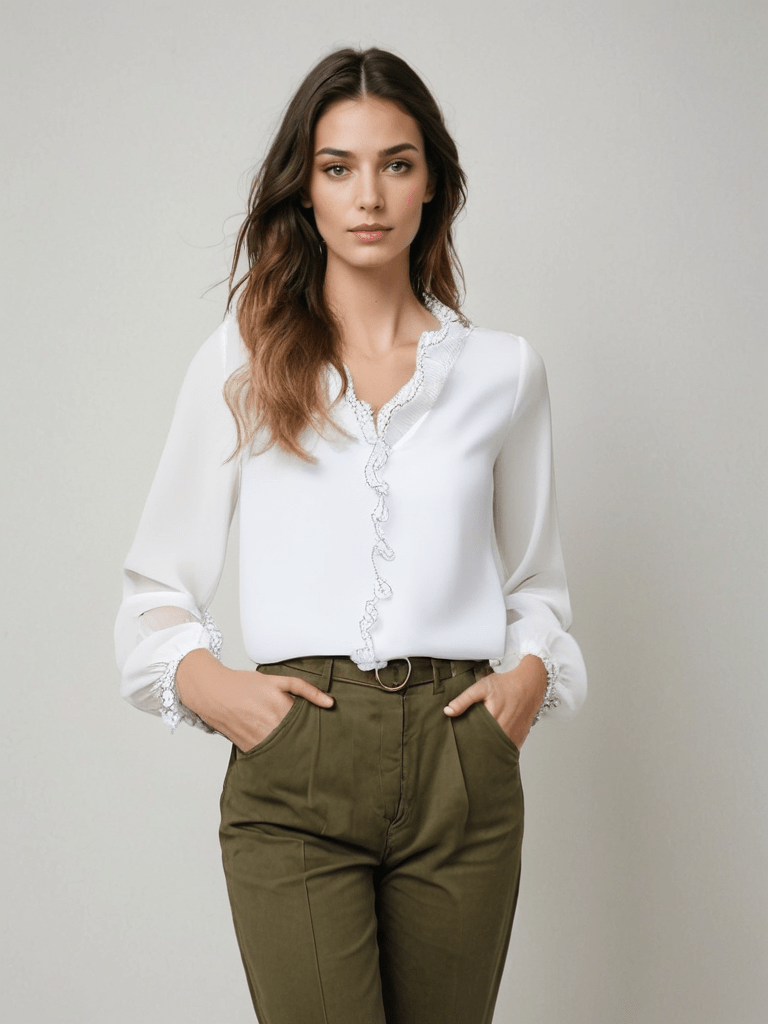 Women’s Elegant Long Sleeve Ruffle Blouse – Effortless Summer Style White