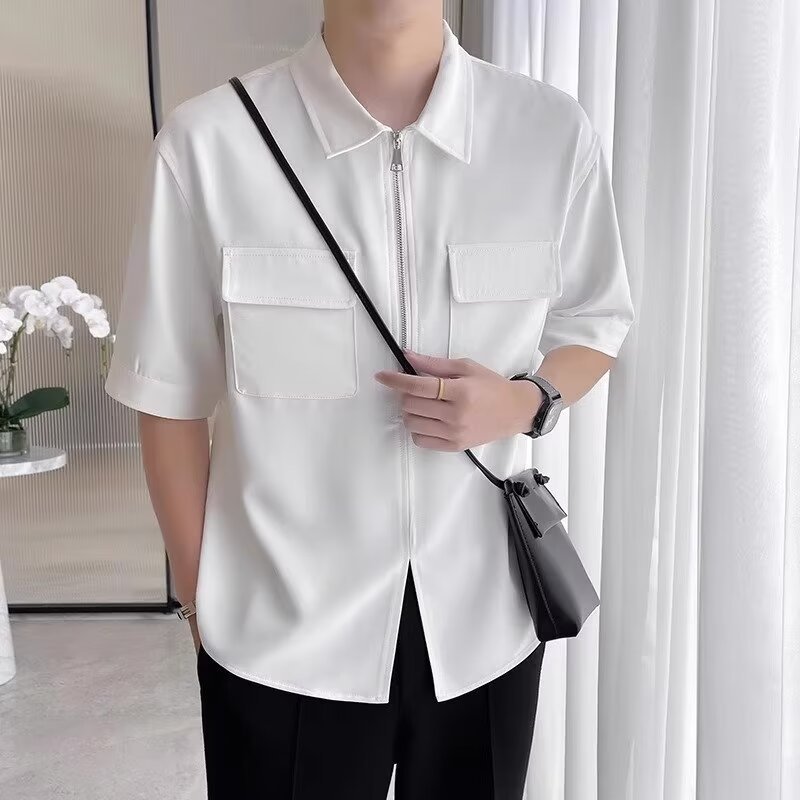 Men’s Short Sleeve Zip Up Casual Shirt White