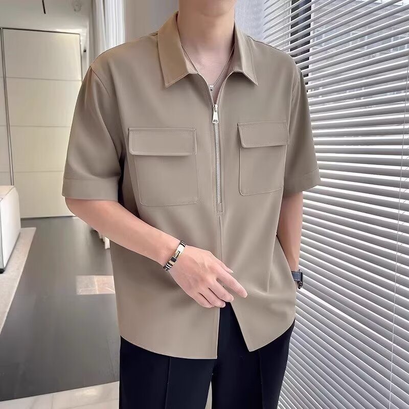 Men’s Short Sleeve Zip Up Casual Shirt Khaki