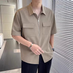 Men’s Short Sleeve Zip Up Casual Shirt Khaki