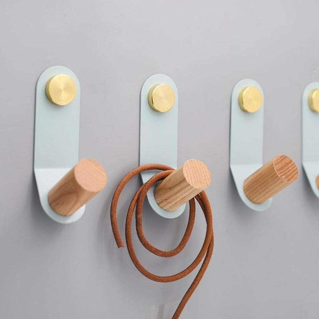 Nordic Pastel Wall Hook with Oak Wood and Brass Accent Trim