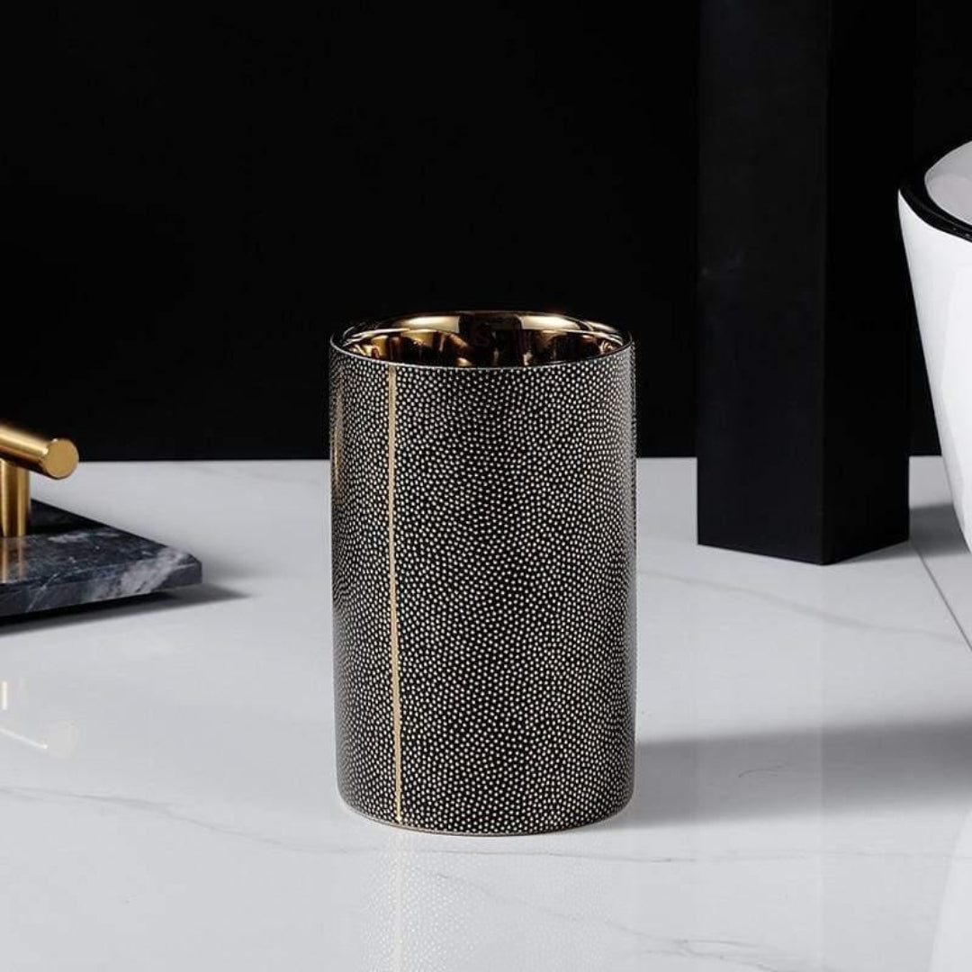 Luxe Ceramic Bathroom Set | Golden Accent Accessories Kit Tumbler black
