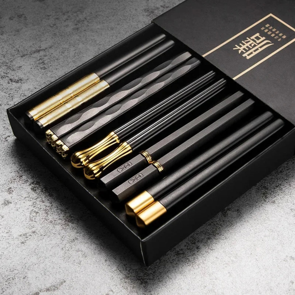 Luxe Metal Chopsticks Set of 5 | Modern Black Gold Design No